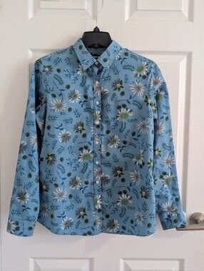Lands' End Women's Blue Floral Supima Cotton Button Down Shirt